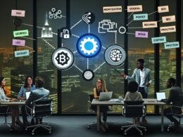 Hightech-Büroszene mit einem diversen Marketingteam an einem großen Bildschirm voller Notion-Logos, Blockchain-Tokens, und Zahlungs-Icons. Im Hintergrund Glaswände mit Blick auf die Stadt, im Vordergrund Laptops und Smartphones auf einem Schreibtisch.