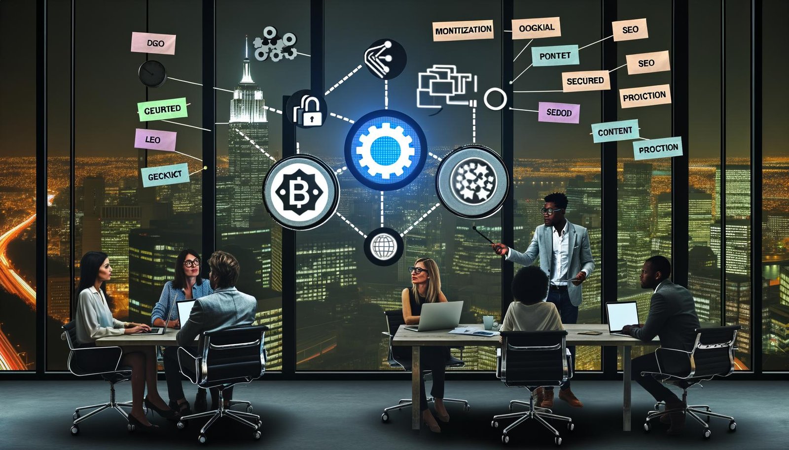 Hightech-Büroszene mit einem diversen Marketingteam an einem großen Bildschirm voller Notion-Logos, Blockchain-Tokens, und Zahlungs-Icons. Im Hintergrund Glaswände mit Blick auf die Stadt, im Vordergrund Laptops und Smartphones auf einem Schreibtisch.