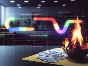 Detailaufnahme von brennenden Geldscheinen auf einer Schreibtischunterlage, überlagert von Python-Code und bunten Datenpunkten vor einem stilisierten Marketing-Funnel.