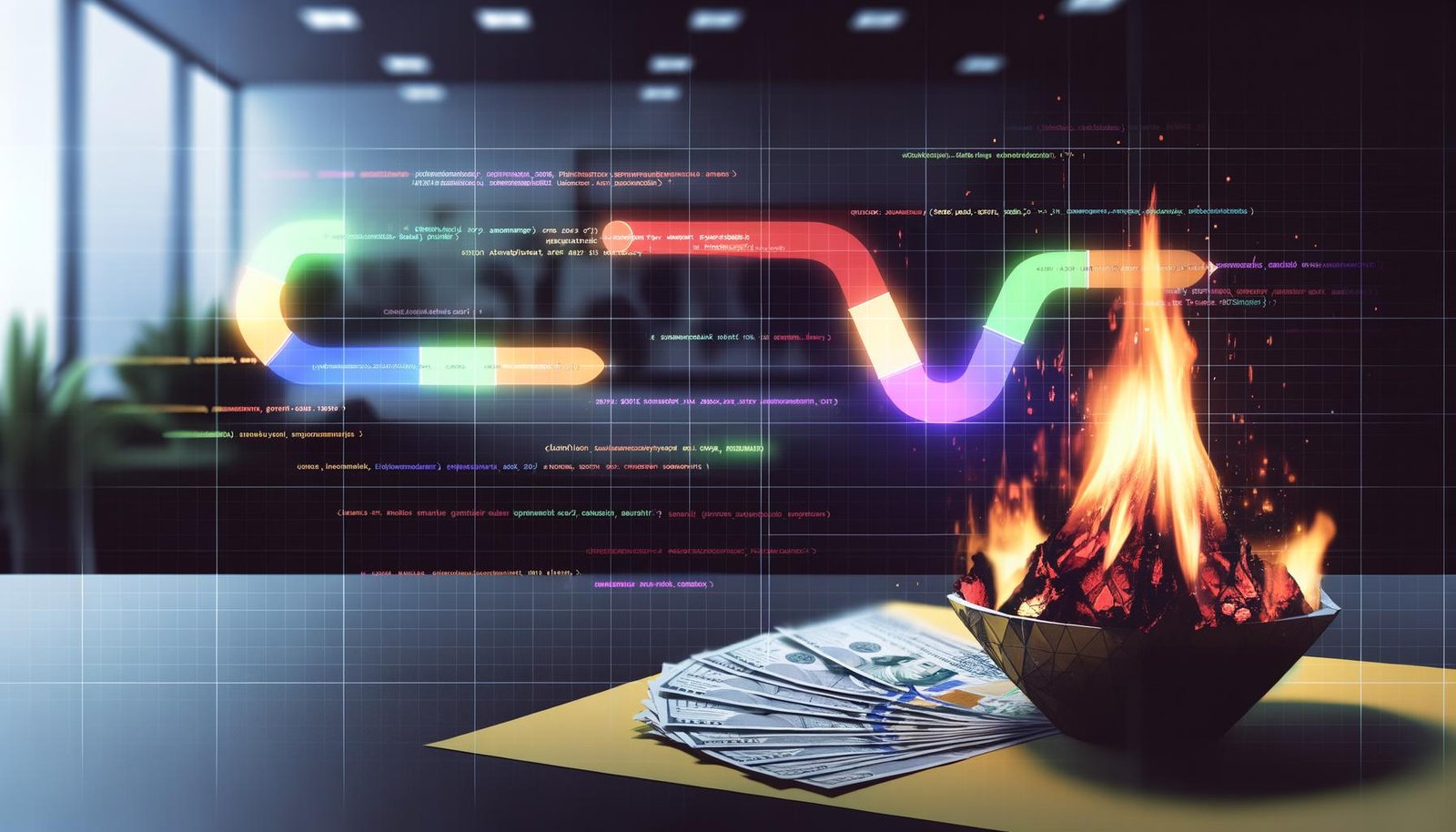 Detailaufnahme von brennenden Geldscheinen auf einer Schreibtischunterlage, überlagert von Python-Code und bunten Datenpunkten vor einem stilisierten Marketing-Funnel.