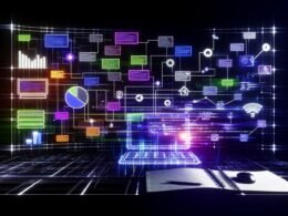 Stilisiertes Hero-Bild eines modernen Digital-Marketing-Arbeitsplatzes mit fortschrittlichem Notion-Dashboard, AI- und SEO-Icons, leuchtenden Datenverbindungen und Wachstumsdiagrammen.