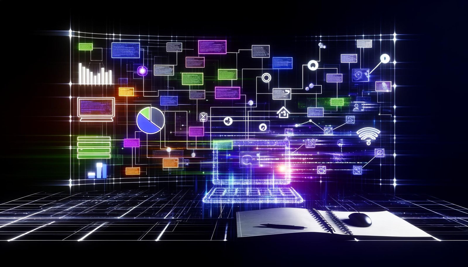 Stilisiertes Hero-Bild eines modernen Digital-Marketing-Arbeitsplatzes mit fortschrittlichem Notion-Dashboard, AI- und SEO-Icons, leuchtenden Datenverbindungen und Wachstumsdiagrammen.