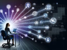 Illustration eines Content Creators, der Inhalte digital über verschiedene Kanäle wie Social Media, Suchmaschinen, E-Mail und Foren verteilt, umgeben von leuchtenden Netzwerkverbindungen und strategischen Datengrafiken.