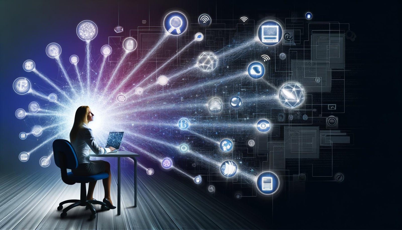 Illustration eines Content Creators, der Inhalte digital über verschiedene Kanäle wie Social Media, Suchmaschinen, E-Mail und Foren verteilt, umgeben von leuchtenden Netzwerkverbindungen und strategischen Datengrafiken.