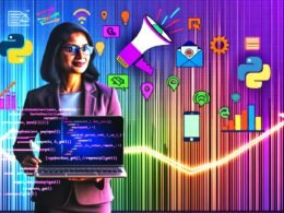 Dynamisches Titelbild: Marketing-Person mit Laptop, auf dessen Bildschirm Python-Code scheint, vor digitalen Charts, Code-Zeilen und Logos von Google, Facebook und LinkedIn, im Start-up-Style.