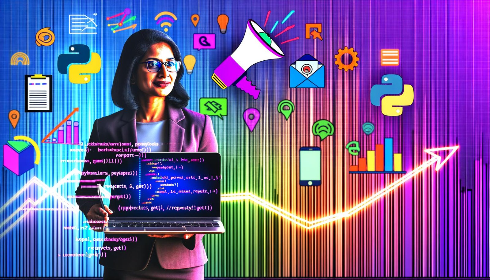 Dynamisches Titelbild: Marketing-Person mit Laptop, auf dessen Bildschirm Python-Code scheint, vor digitalen Charts, Code-Zeilen und Logos von Google, Facebook und LinkedIn, im Start-up-Style.