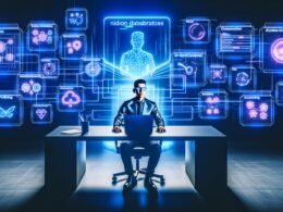 Futuristischer Einzelarbeitsplatz mit leuchtenden Bildschirmen, KI- und Automatisierungstools, verbunden mit Icons von GPT-4, DALL-E und Social-Media-Plattformen in einem modernen, effizienten Büro.