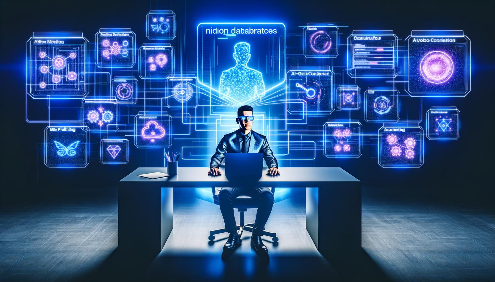 Futuristischer Einzelarbeitsplatz mit leuchtenden Bildschirmen, KI- und Automatisierungstools, verbunden mit Icons von GPT-4, DALL-E und Social-Media-Plattformen in einem modernen, effizienten Büro.