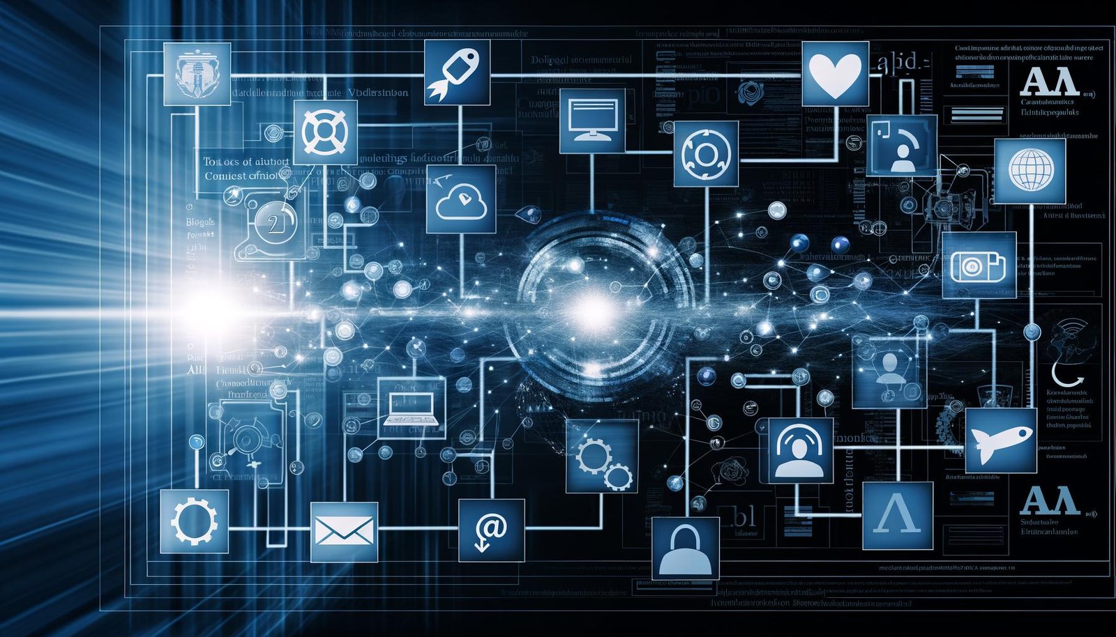 Stilisiertes, technisches Dashboard mit Content-Icons für Blog, Video, Social Media, Newsletter und Podcast, verbunden über leuchtende API-Linien, im Hintergrund Automatisierungssymbole und Personalisierungs-Optionen, in kühlen Blau- und Anthrazitfarben.