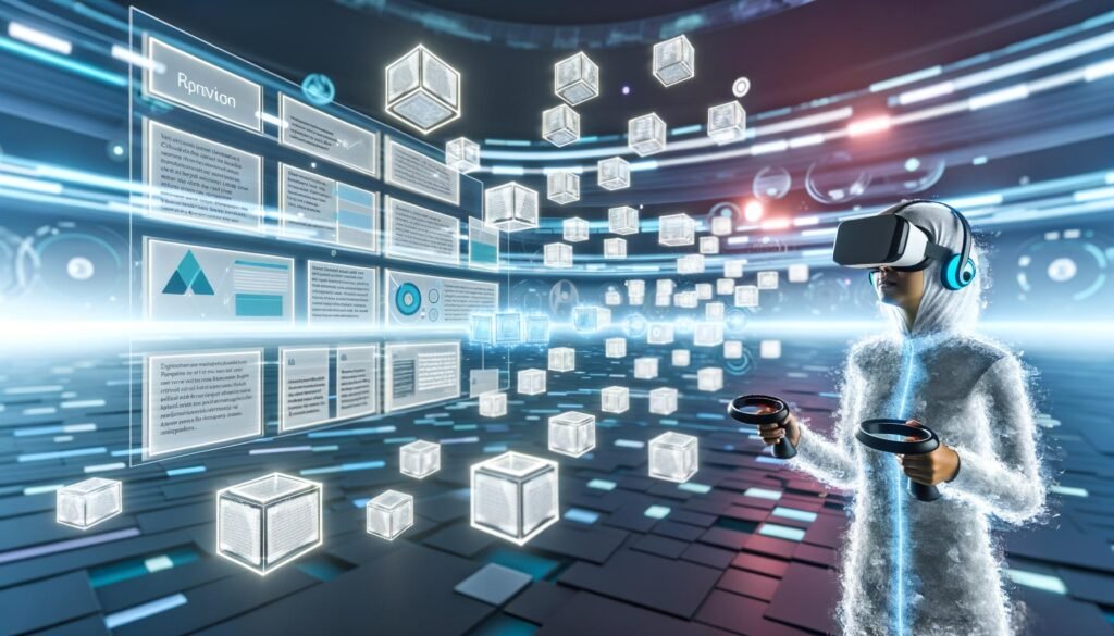Person mit modernem VR-Headset navigiert durch einen futuristischen, digitalen Leseraum mit schwebenden, dreidimensionalen Info-Objekten und Textmodulen.