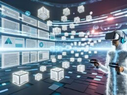 Person mit modernem VR-Headset navigiert durch einen futuristischen, digitalen Leseraum mit schwebenden, dreidimensionalen Info-Objekten und Textmodulen.