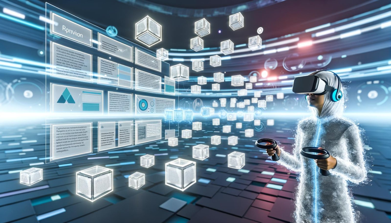 Person mit modernem VR-Headset navigiert durch einen futuristischen, digitalen Leseraum mit schwebenden, dreidimensionalen Info-Objekten und Textmodulen.