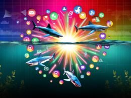 Illustration eines digitalen Haifischbeckens mit schwebenden Content-Icons, Haien, Social Media Logos und Analyse-Grafiken, die den digitalen Kampf um Aufmerksamkeit symbolisieren.