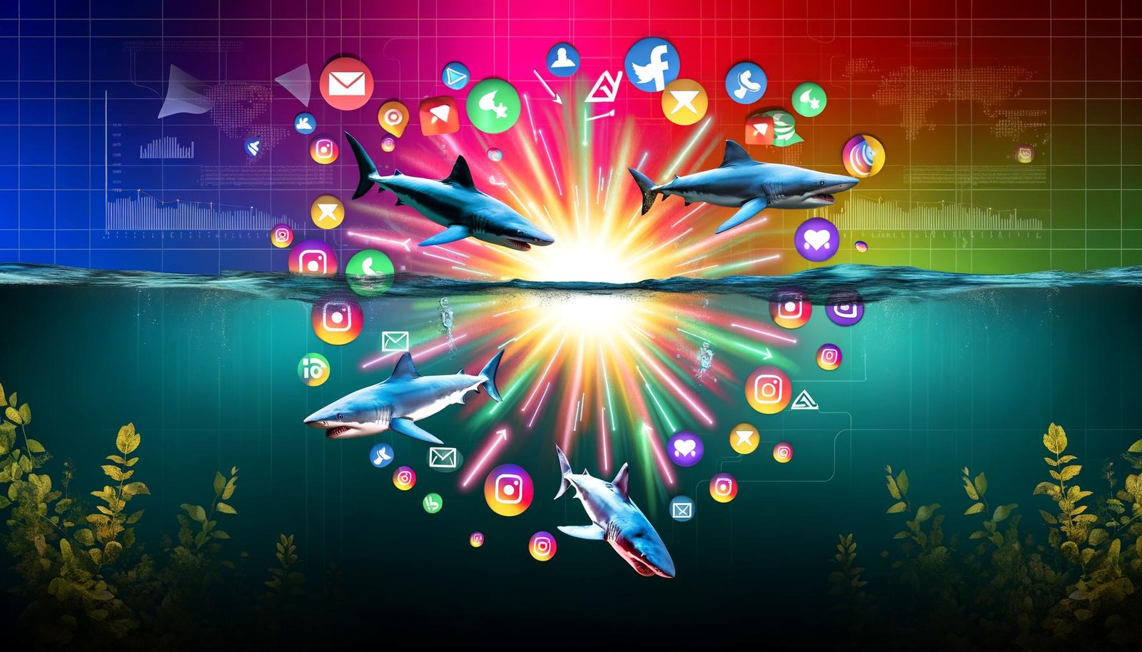Illustration eines digitalen Haifischbeckens mit schwebenden Content-Icons, Haien, Social Media Logos und Analyse-Grafiken, die den digitalen Kampf um Aufmerksamkeit symbolisieren.