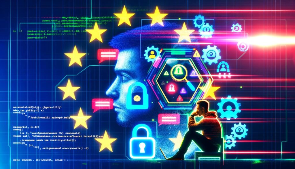 Collage mit einer Person vor Laptop, digitalen Warnsymbolen, EU-Flagge, gescannten Messenger-Nachrichten, Avataren mit roten Lasern, technischem Prozess der Chatkontrolle und überwachter Großstadt – Symbole für Regulierung, Risiken und neue Normalität.