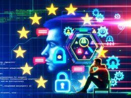 Collage mit einer Person vor Laptop, digitalen Warnsymbolen, EU-Flagge, gescannten Messenger-Nachrichten, Avataren mit roten Lasern, technischem Prozess der Chatkontrolle und überwachter Großstadt – Symbole für Regulierung, Risiken und neue Normalität.