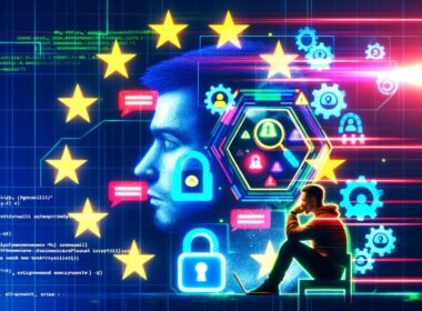 Collage mit einer Person vor Laptop, digitalen Warnsymbolen, EU-Flagge, gescannten Messenger-Nachrichten, Avataren mit roten Lasern, technischem Prozess der Chatkontrolle und überwachter Großstadt – Symbole für Regulierung, Risiken und neue Normalität.