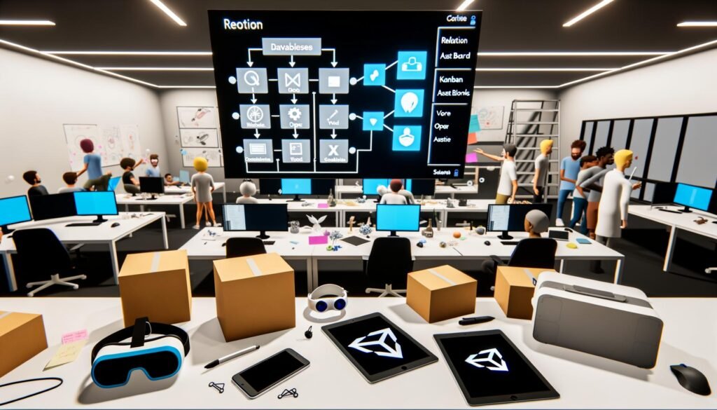Modernes Büro-Setup mit Notion-Datenbank auf großem Monitor, VR-Brillen, Tablets mit XR-Anwendungen, Unity-Smartphone und im Hintergrund arbeitenden Entwicklern und Kreativen.