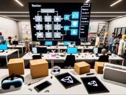 Modernes Büro-Setup mit Notion-Datenbank auf großem Monitor, VR-Brillen, Tablets mit XR-Anwendungen, Unity-Smartphone und im Hintergrund arbeitenden Entwicklern und Kreativen.