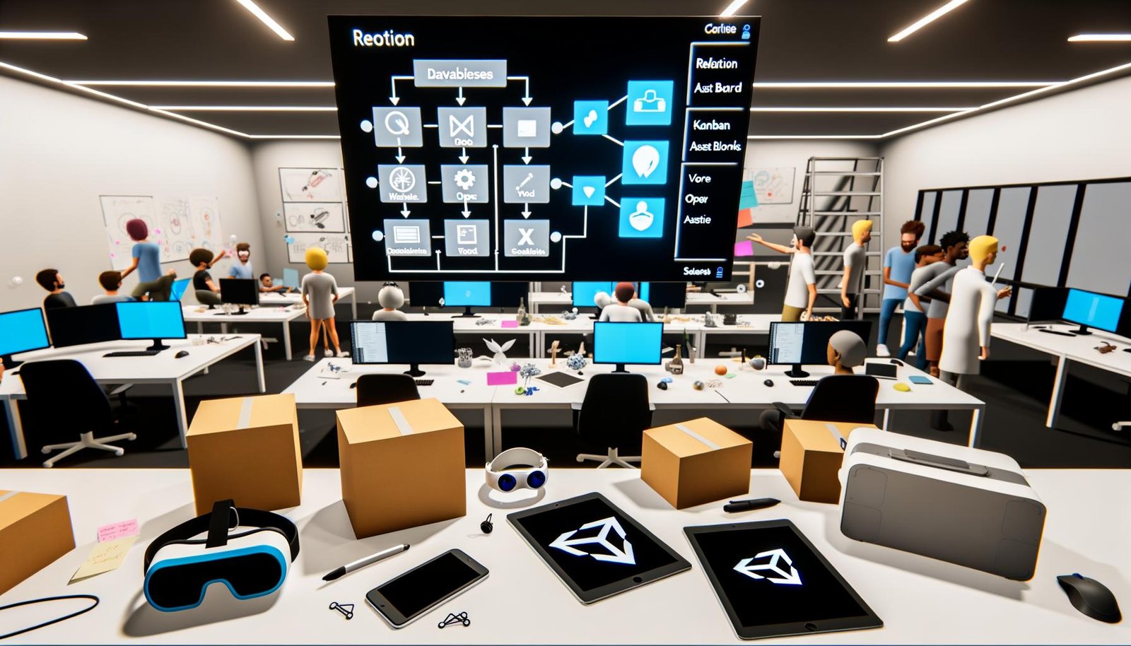 Modernes Büro-Setup mit Notion-Datenbank auf großem Monitor, VR-Brillen, Tablets mit XR-Anwendungen, Unity-Smartphone und im Hintergrund arbeitenden Entwicklern und Kreativen.