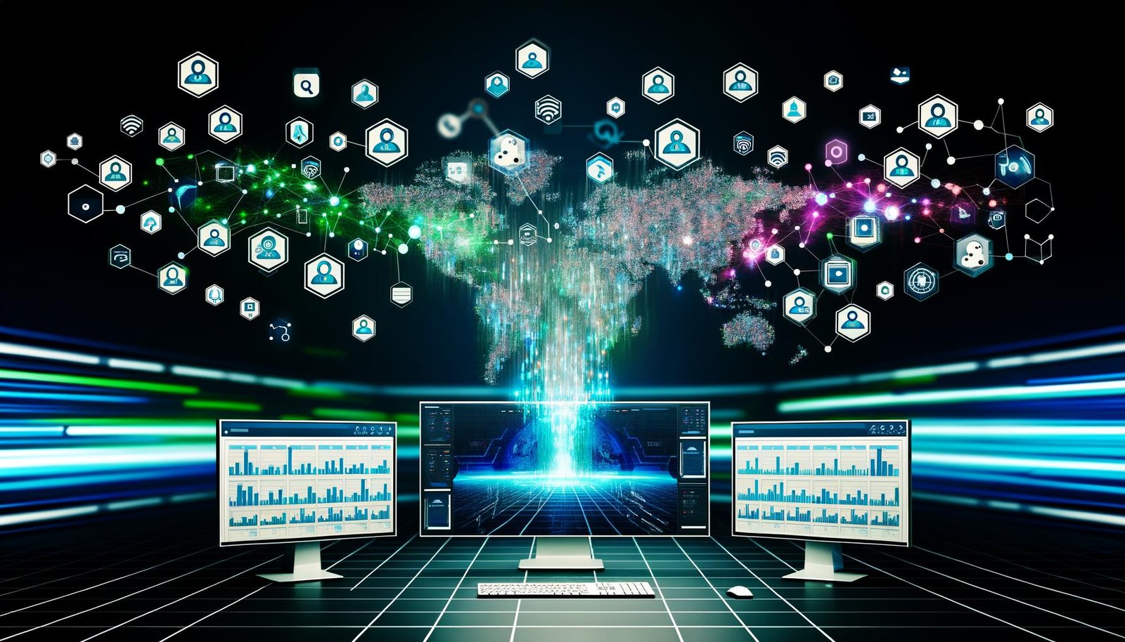 Futuristische Magazin-Doppelseite mit Computerarbeitsplatz, Monitoren voller Content Distribution Tools, Social Media Icons, vernetzter Weltkarte sowie leuchtenden Datastreams und KI-Symbolen.