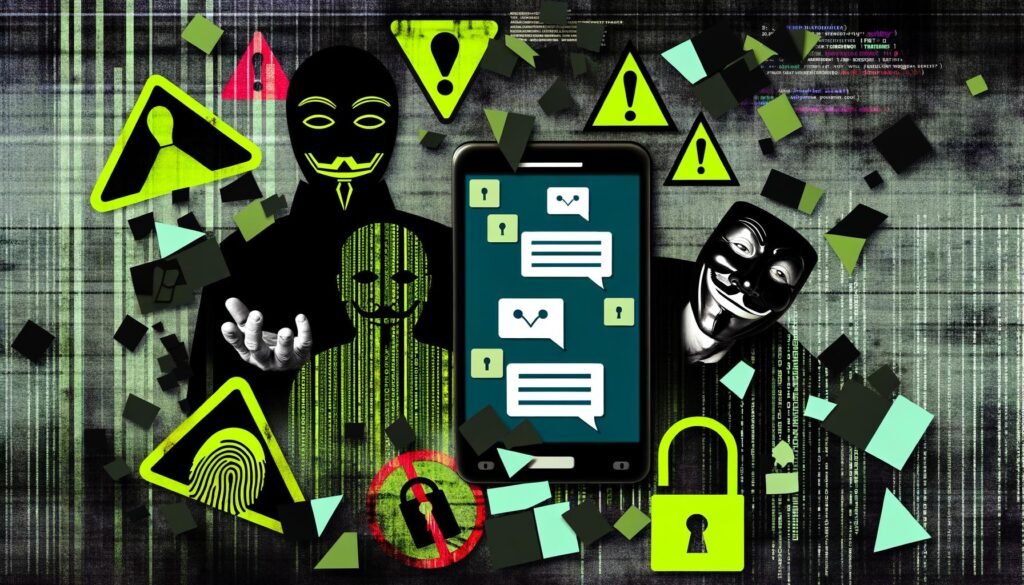 Collage zur EU-Chatkontrolle mit Smartphone, Überwachungssymbolen, zerbrochenen Schlüsseln, Politikern und Tech-Konzernen im düsteren Matrix-Stil.