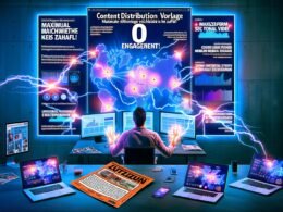 Magazincover: Digitaler Marketer im modernen Workspace mit vielen Bildschirmen, Social Media Icons, leuchtenden Datenströmen, '0 Engagement'-Alerts und durchgestrichenem Lottoticket. Großes Headline im Magazin-Style.