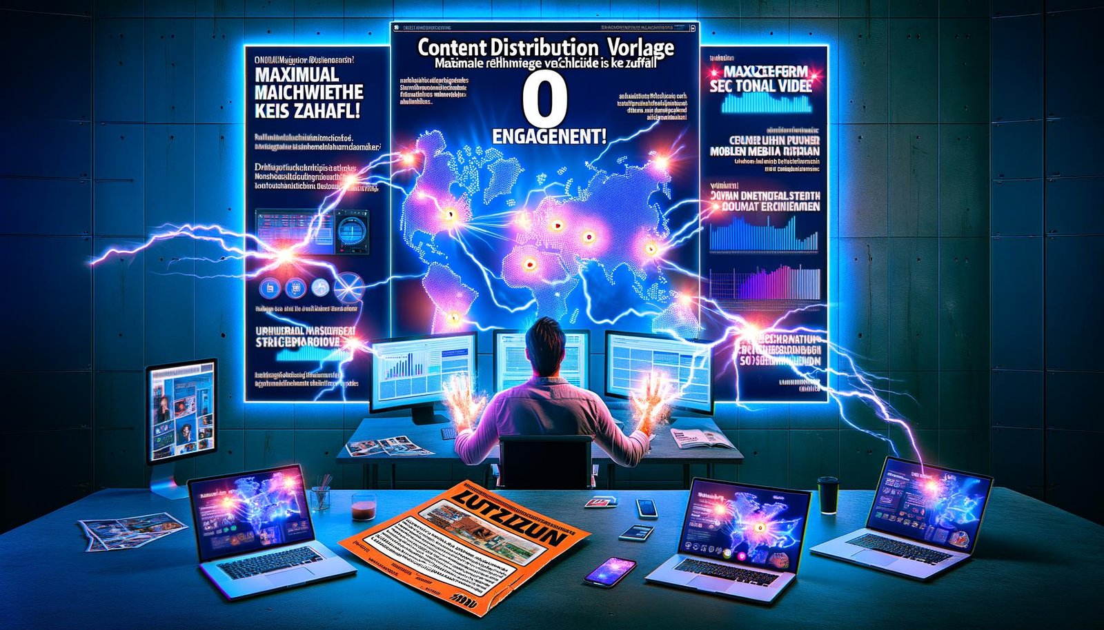 Magazincover: Digitaler Marketer im modernen Workspace mit vielen Bildschirmen, Social Media Icons, leuchtenden Datenströmen, '0 Engagement'-Alerts und durchgestrichenem Lottoticket. Großes Headline im Magazin-Style.