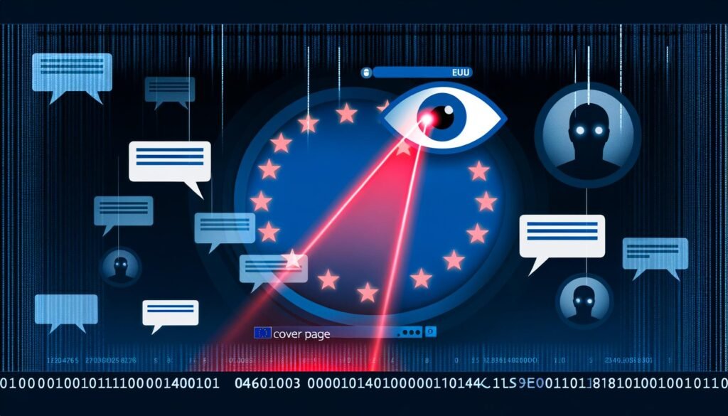 Futuristischer, halbtransparenter Chatverlauf im Messenger-Stil mit roten Lasern, Überwachungskameras, KI-Augen und großem EU-Stempelsiegel in einer düsteren Szene.