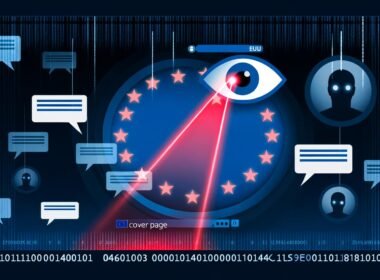 Futuristischer, halbtransparenter Chatverlauf im Messenger-Stil mit roten Lasern, Überwachungskameras, KI-Augen und großem EU-Stempelsiegel in einer düsteren Szene.