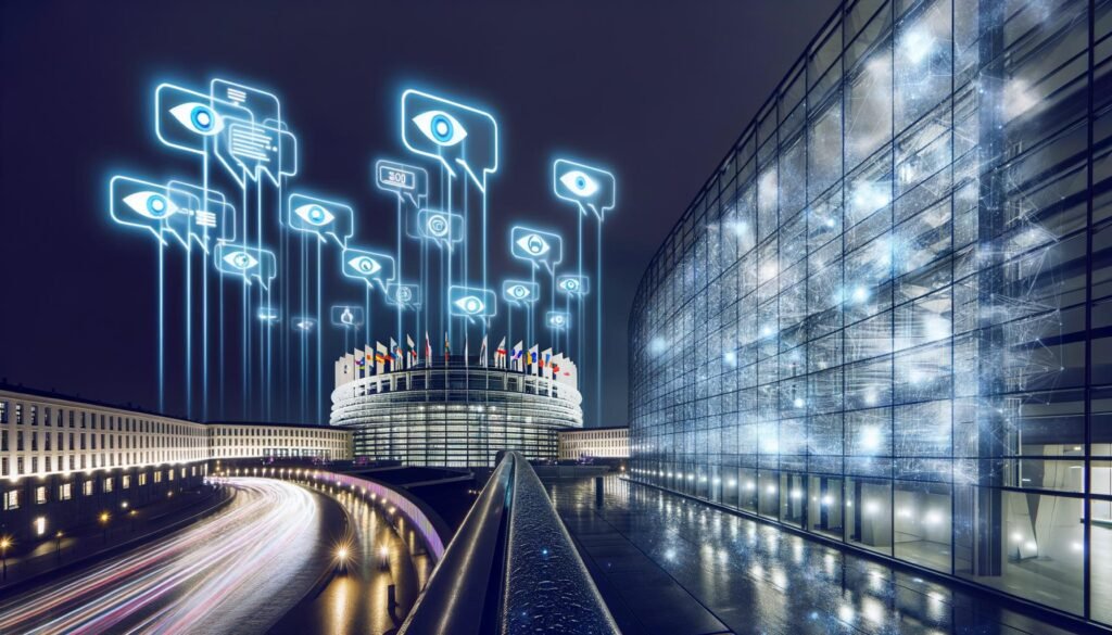 Nächtliche Ansicht des beleuchteten EU-Parlaments in Brüssel mit schwebenden Chatblasen, Überwachungs-Symbolen und leuchtenden digitalen Netzwerken im Vordergrund.