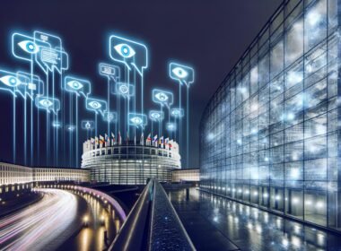 Nächtliche Ansicht des beleuchteten EU-Parlaments in Brüssel mit schwebenden Chatblasen, Überwachungs-Symbolen und leuchtenden digitalen Netzwerken im Vordergrund.