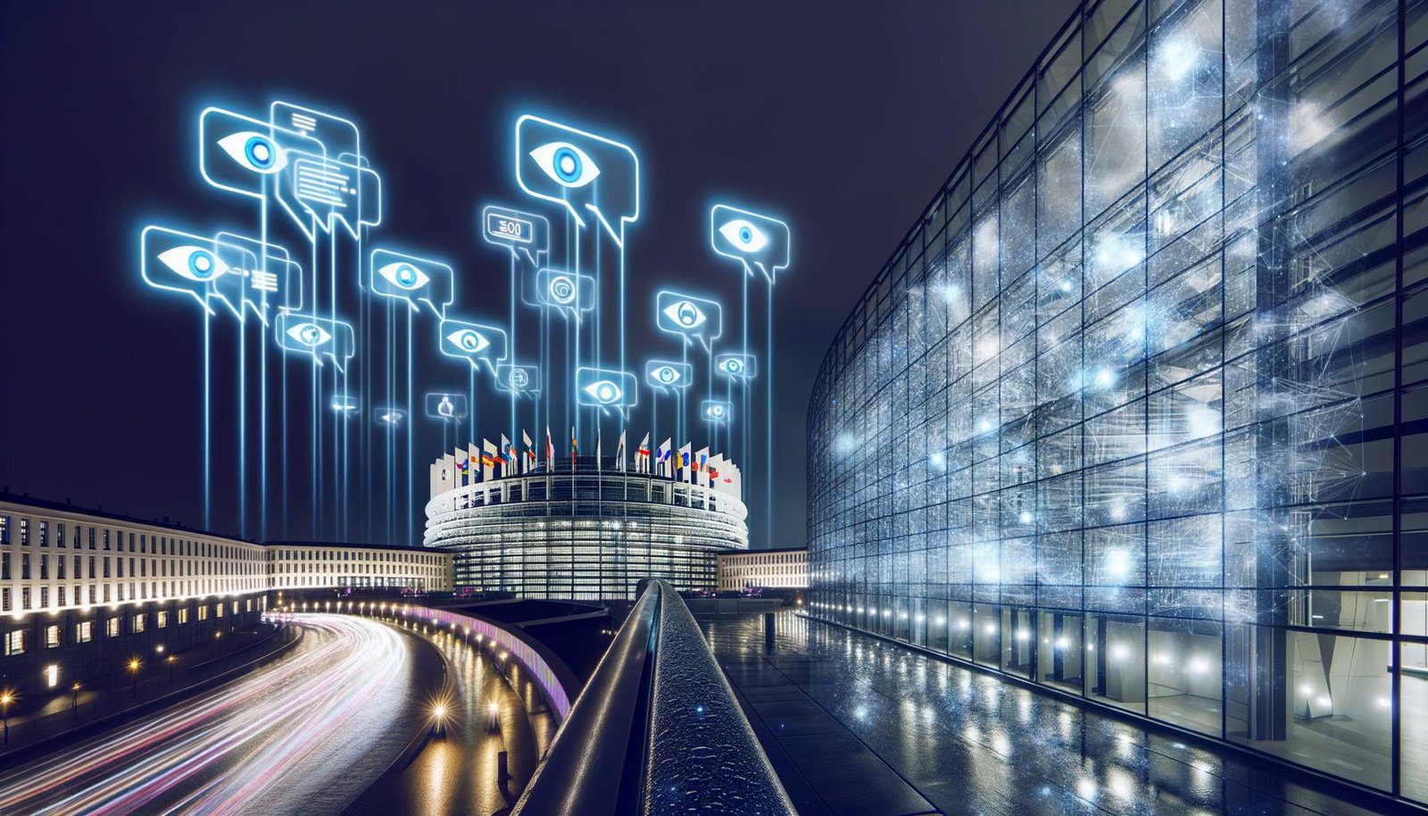 Nächtliche Ansicht des beleuchteten EU-Parlaments in Brüssel mit schwebenden Chatblasen, Überwachungs-Symbolen und leuchtenden digitalen Netzwerken im Vordergrund.
