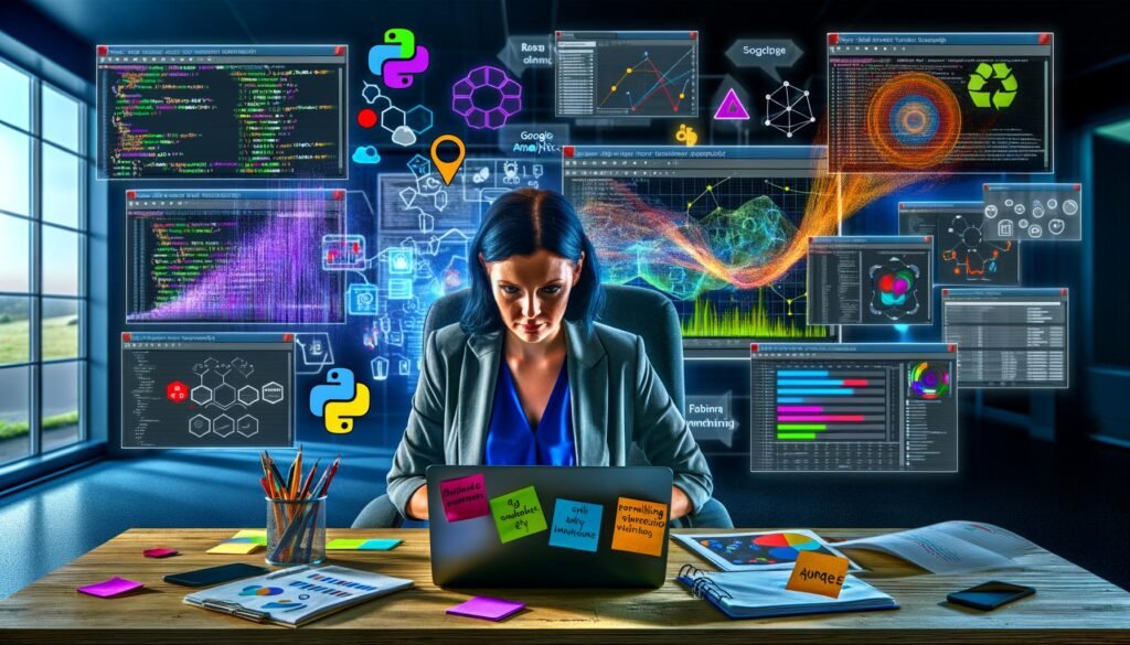 Marketing-Expertin in einem digitalen Maschinenraum mit Datenströmen, Python-Code und Data-Visualisierungen an mehreren Screens.