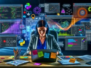 Marketing-Expertin in einem digitalen Maschinenraum mit Datenströmen, Python-Code und Data-Visualisierungen an mehreren Screens.