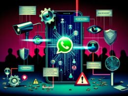 Dramatische Collage mit verschlüsselten Messenger-Symbolen, stilisierten Überwachungskameras, Datenströmen und europäischen Politiker-Silhouetten; Infografik zum Nachrichtenfluss im Smartphone, symbolische Szenen zu Kinderschutz und Überwachung, abstrakte Visualisierung künstlicher Intelligenz sowie hoffnungsvolle Darstellung gemeinsamer Datenschutz-Initiativen.