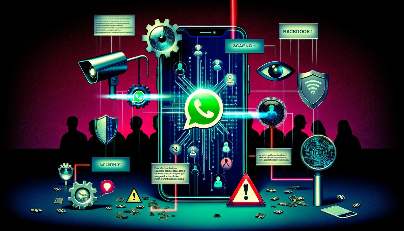 Dramatische Collage mit verschlüsselten Messenger-Symbolen, stilisierten Überwachungskameras, Datenströmen und europäischen Politiker-Silhouetten; Infografik zum Nachrichtenfluss im Smartphone, symbolische Szenen zu Kinderschutz und Überwachung, abstrakte Visualisierung künstlicher Intelligenz sowie hoffnungsvolle Darstellung gemeinsamer Datenschutz-Initiativen.