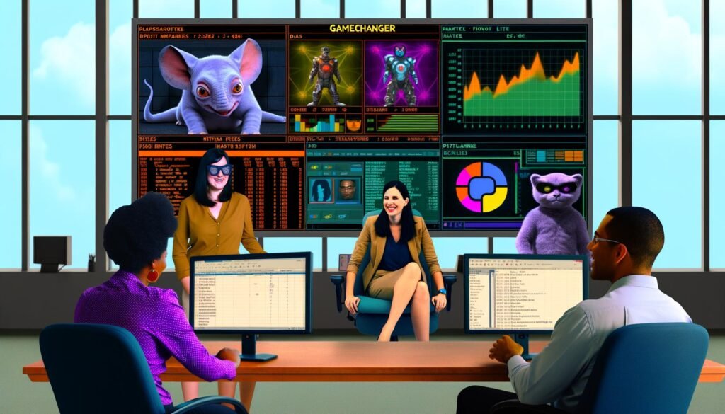 Futuristisches Büro mit Marketer und Techie vor einem riesigen, interaktiven Python Dashboard, alte Excel-Tabellen verblassen im Hintergrund. Vergleich mit Tableau und Excel, Framework-Maskottchen als Zootiere, klare Roadmap für Dashboard-Erstellung, Best-Practice-Dashboard, chaotische Fehler-Szene und Tool-Stack-Icons. Endszene mit Marketer vor modernem Dashboard und den Schlagworten Realtime, Flexibilität, Open Source.