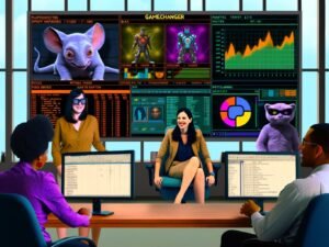 Futuristisches Büro mit Marketer und Techie vor einem riesigen, interaktiven Python Dashboard, alte Excel-Tabellen verblassen im Hintergrund. Vergleich mit Tableau und Excel, Framework-Maskottchen als Zootiere, klare Roadmap für Dashboard-Erstellung, Best-Practice-Dashboard, chaotische Fehler-Szene und Tool-Stack-Icons. Endszene mit Marketer vor modernem Dashboard und den Schlagworten Realtime, Flexibilität, Open Source.