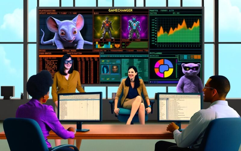 Futuristisches Büro mit Marketer und Techie vor einem riesigen, interaktiven Python Dashboard, alte Excel-Tabellen verblassen im Hintergrund. Vergleich mit Tableau und Excel, Framework-Maskottchen als Zootiere, klare Roadmap für Dashboard-Erstellung, Best-Practice-Dashboard, chaotische Fehler-Szene und Tool-Stack-Icons. Endszene mit Marketer vor modernem Dashboard und den Schlagworten Realtime, Flexibilität, Open Source.