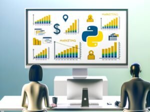 Minimalistische Titelgrafik eines digitalen Artikels: Ein Monitor zeigt bunte Python-Visualisierungen, umgeben von stilisierten Marketing- und Management-Personen, mit im Hintergrund verblassenden Excel-Tabellen und modernen Icons.