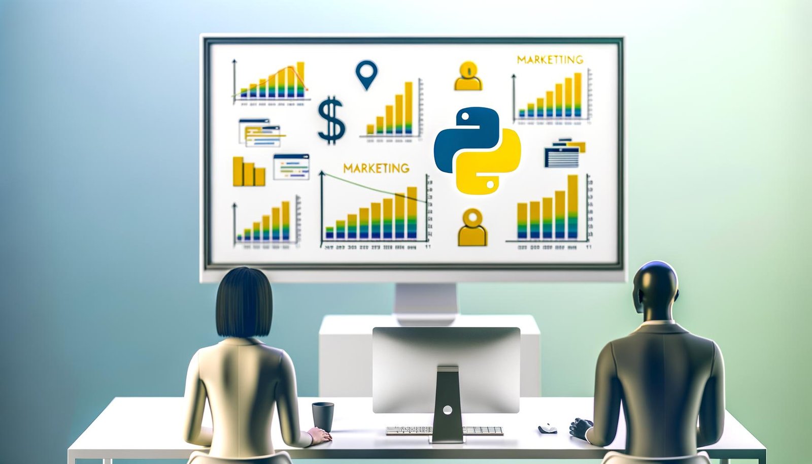 Minimalistische Titelgrafik eines digitalen Artikels: Ein Monitor zeigt bunte Python-Visualisierungen, umgeben von stilisierten Marketing- und Management-Personen, mit im Hintergrund verblassenden Excel-Tabellen und modernen Icons.