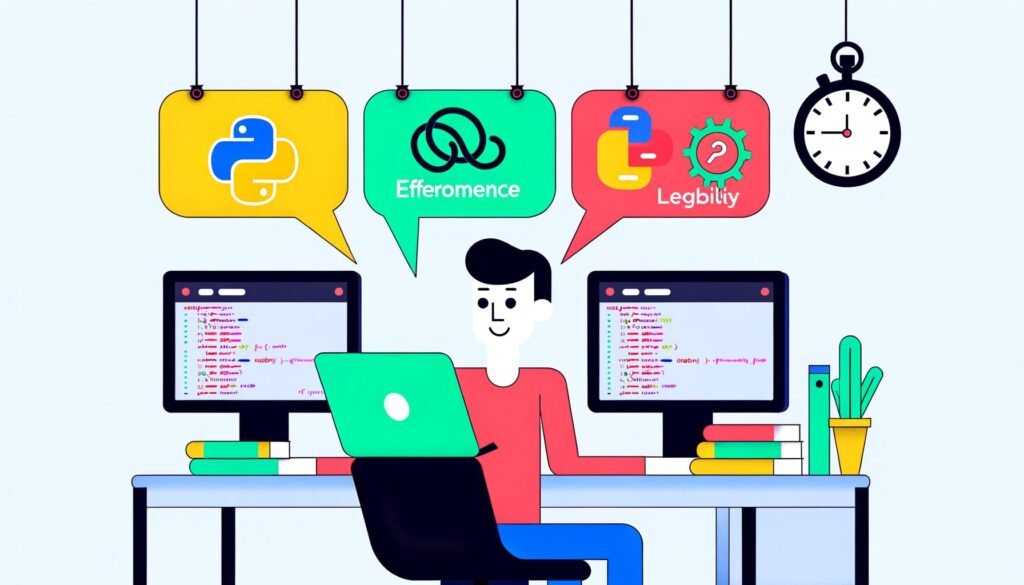 Illustration eines modernen Python-Entwicklers mit mehreren Monitoren, auf denen strukturierter Python-Code, Effizienzschaubilder und Symbole wie Zahnräder und eine Stoppuhr zu sehen sind. Im Hintergrund Python-Schlangen, große Sprechblasen mit Softwarewerten und ein leicht ironisches Grinsen des Entwicklers.