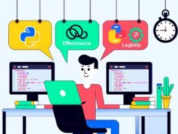 Illustration eines modernen Python-Entwicklers mit mehreren Monitoren, auf denen strukturierter Python-Code, Effizienzschaubilder und Symbole wie Zahnräder und eine Stoppuhr zu sehen sind. Im Hintergrund Python-Schlangen, große Sprechblasen mit Softwarewerten und ein leicht ironisches Grinsen des Entwicklers.