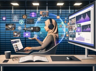 Tech-affiner Marketer am Arbeitsplatz mit Podcast-Equipment, Laptop mit Analyse-Dashboard, digitalem Magazin mit AR-Overlays und Printmagazin mit QR-Code.