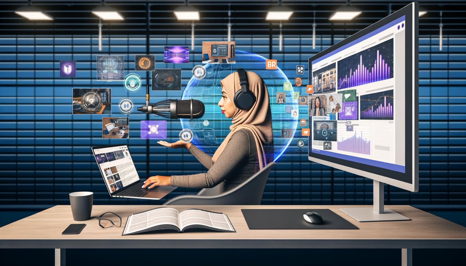 Tech-affiner Marketer am Arbeitsplatz mit Podcast-Equipment, Laptop mit Analyse-Dashboard, digitalem Magazin mit AR-Overlays und Printmagazin mit QR-Code.