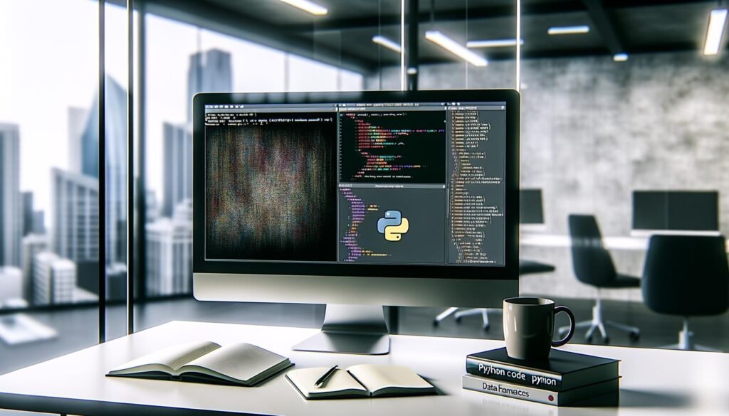 Minimalistischer Schreibtisch mit großem Monitor, Python-Code und Datenvisualisierungen, Notizbuch, Python-Büchern und Kaffeebecher im urbanen Büro.