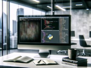 Minimalistischer Schreibtisch mit großem Monitor, Python-Code und Datenvisualisierungen, Notizbuch, Python-Büchern und Kaffeebecher im urbanen Büro.
