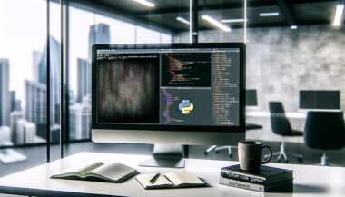 Minimalistischer Schreibtisch mit großem Monitor, Python-Code und Datenvisualisierungen, Notizbuch, Python-Büchern und Kaffeebecher im urbanen Büro.