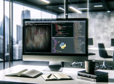 Minimalistischer Schreibtisch mit großem Monitor, Python-Code und Datenvisualisierungen, Notizbuch, Python-Büchern und Kaffeebecher im urbanen Büro.